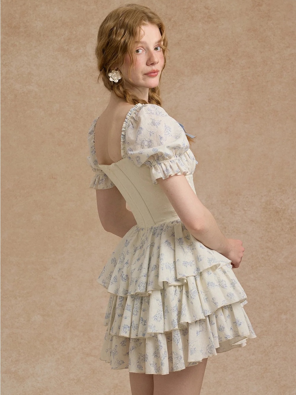Tiered Ruffle Mini Dress in Cream with Light Blue Accents - Picture 3 of 7